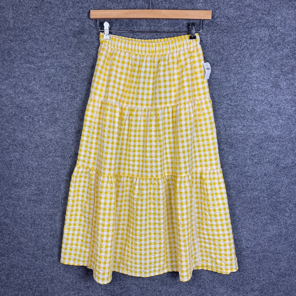 NEW Old Navy Maxi Skirt Womens Small Yellow Gingham Plaid Tiered Seersucker